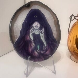 Natural Agate Slice with Etched Moon Witch